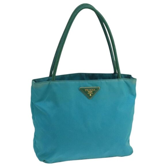 PRADA Tote Bag Nylon Turquoise Blue Gold Auth 104088 - Picture 1 of 16